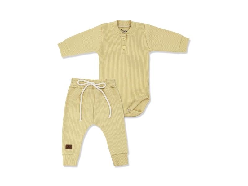 Komplet dla chłopca bawełna prążek kamel