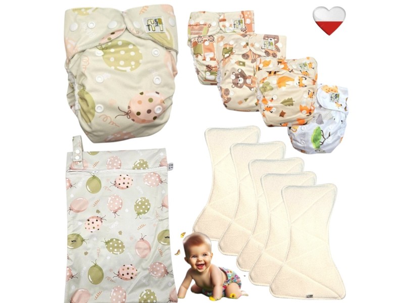 Zestaw Pieluszek Wielorazowych coolmax AIO 5 szt z WORKIEM  BALONY ZIELONE