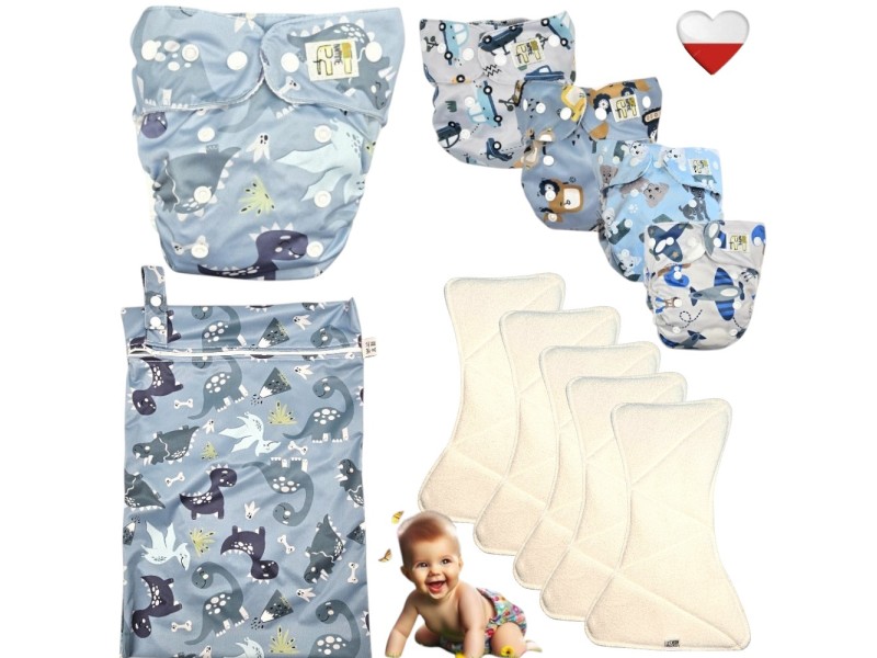 Zestaw Pieluszek Wielorazowych mikropolar AIO 5 szt z WORKIEM  DINO