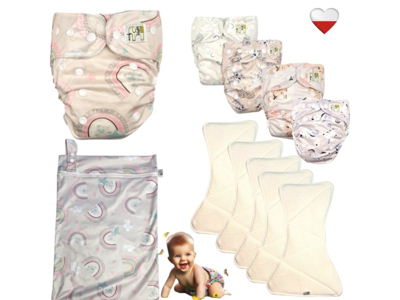 Zestaw Pieluszek Wielorazowych coolmax AIO 5 szt z WORKIEM TĘCZA