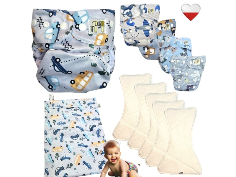 Zestaw Pieluszek Wielorazowych Bambus AIO 5 szt z WORKIEM  SAMOCHODY