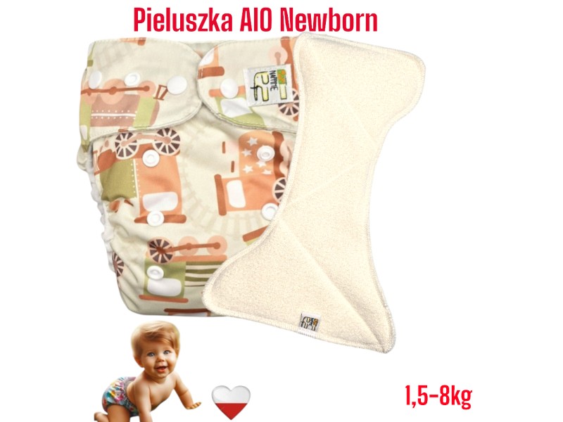 Pieluszka Wielorazowa AIO Newborn Kieszonka Coolmax POCIAGI ZIELONE