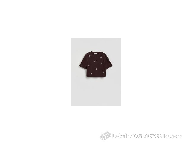 Reserved - T-shirt z dekoracyjnymi kryształkami - ciemnobrązowy