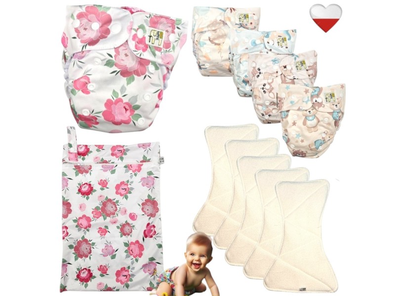 Zestaw Pieluszek Wielorazowych mikropolar AIO 5 szt z WORKIEM  PIWONIE