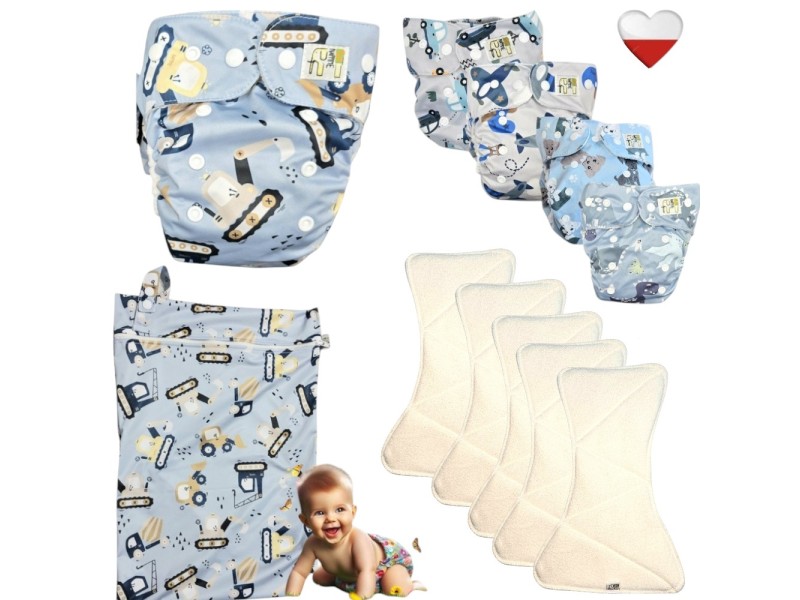 Zestaw Pieluszek Wielorazowych coolmax AIO 5 szt z WORKIEM  KOPARKI