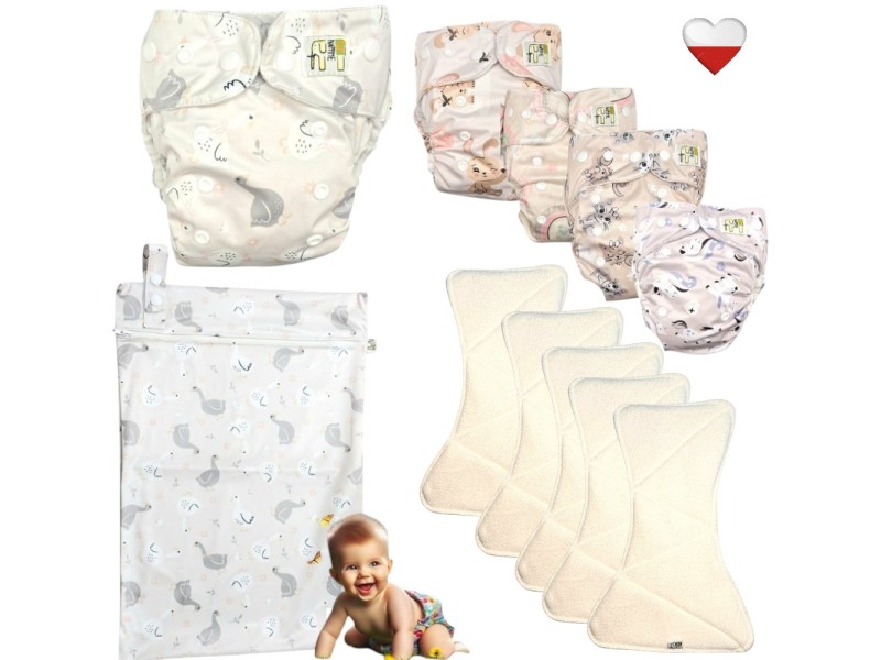 Zestaw Pieluszek Wielorazowych Bambus AIO 5 szt z WORKIEM GĄSKI