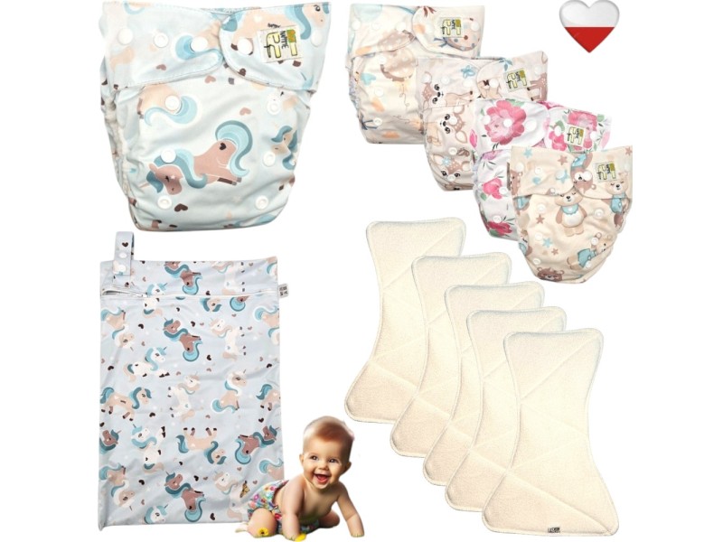 Zestaw Pieluszek Wielorazowych coolmax AIO 5 szt z WORKIEM  JEDNOROŻCE MIĘTOWE