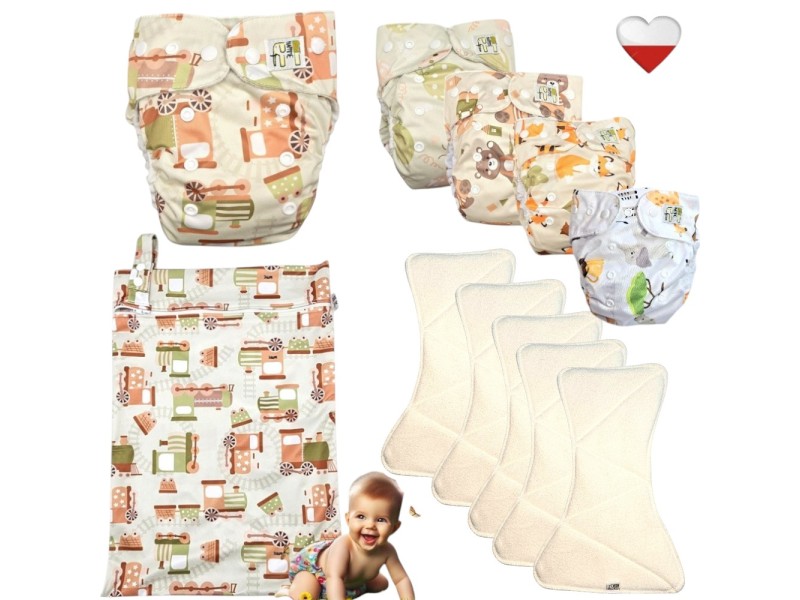 Zestaw Pieluszek Wielorazowych mikropolar AIO 5 szt z WORKIEM  POCIĄGI ZIELONE