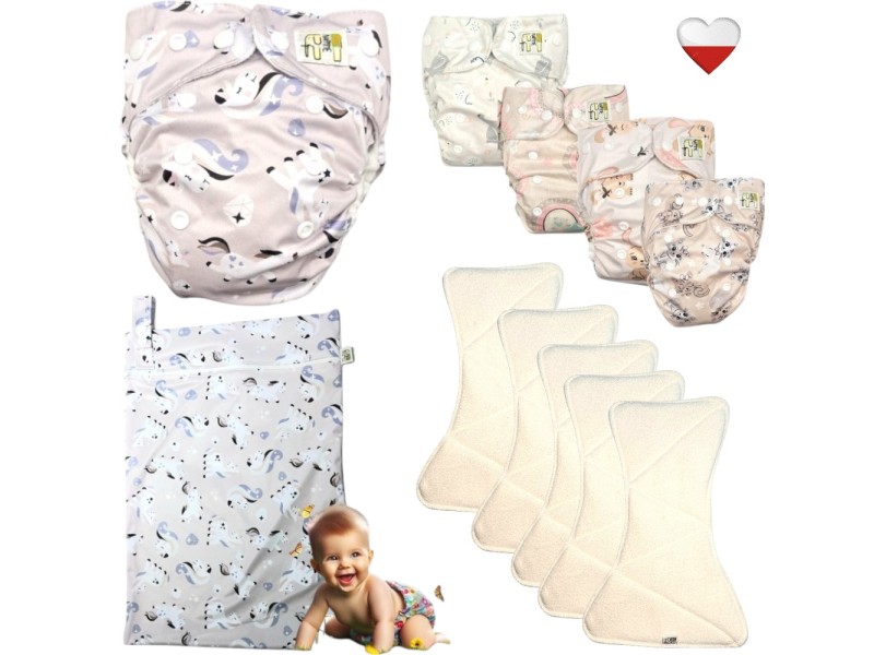 Zestaw Pieluszek Wielorazowych mikropolar AIO 5 szt z WORKIEM JEDNOROŻCE