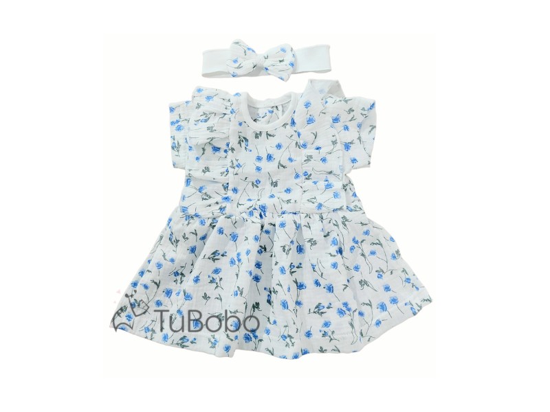 Muślinowa sukienka w niebieskie kwiatuszki+opaska