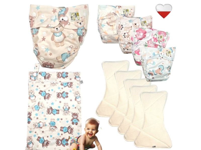 Zestaw Pieluszek Wielorazowych mikropolar AIO 5 szt z WORKIEM  MISIE  MIĘTOWE