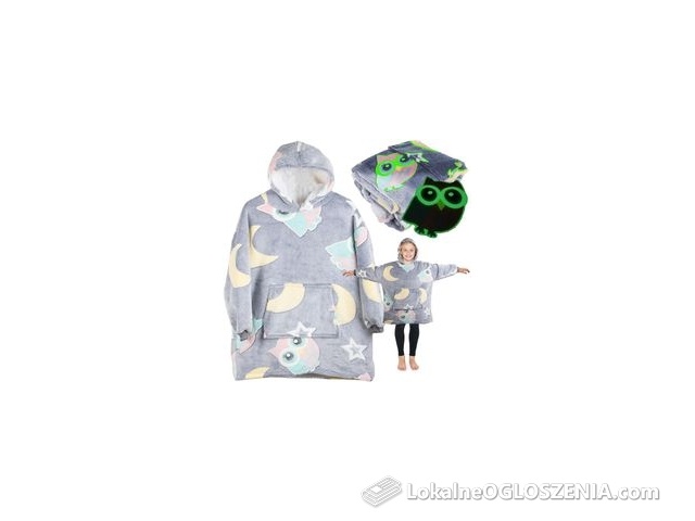 Ciepła Bluza Koc Świecąca Dla Dziecka Miękka Świeci W Ciemności Sowa Szara