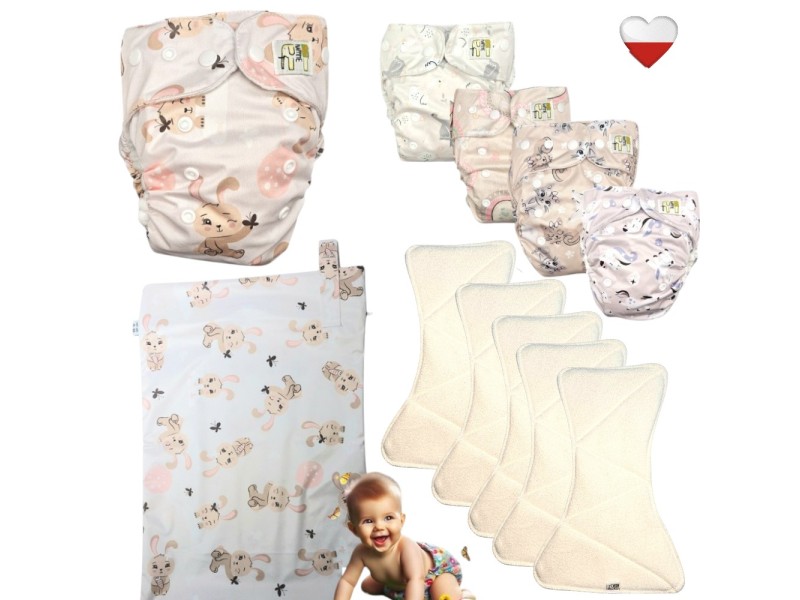 Zestaw Pieluszek Wielorazowych coolmax AIO 5 szt z WORKIEM  KRÓLICZKI