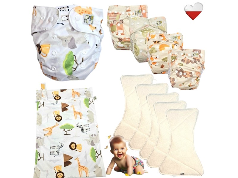 Zestaw Pieluszek Wielorazowych mikropolar AIO 5 szt z WORKIEM  SAFARI