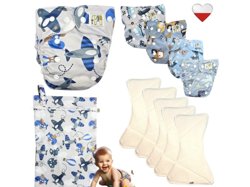 Zestaw Pieluszek Wielorazowych mikropolar AIO 5 szt z WORKIEM  SAMOLOTY