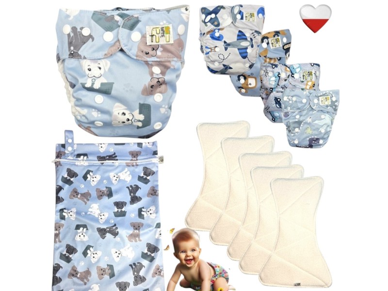 Zestaw Pieluszek Wielorazowych mikropolar AIO 5 szt z WORKIEM  PIESKI NIEBIESKIE