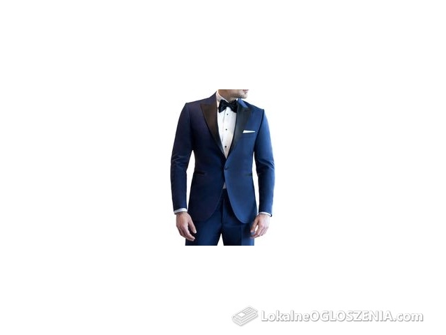 Niebieski smoking męski MARE z atłasowymi klapami w szpic szyty na miarę