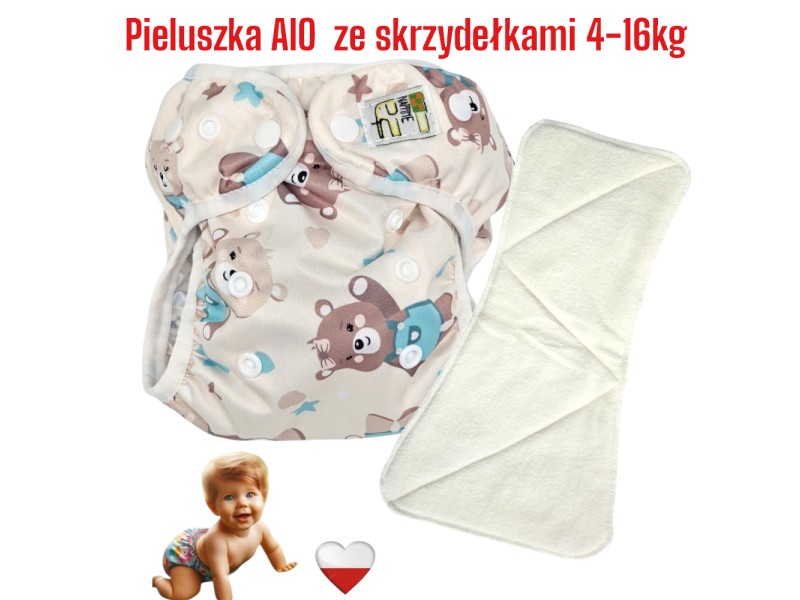 Pieluszka Wielorazowa AIO Kieszonka Coolmax ze Skrzydełkami  MISIE MIĘTOWE  NappiMe