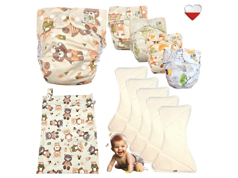 Zestaw Pieluszek Wielorazowych bambus AIO 5 szt z WORKIEM  MISIE ZIELONE
