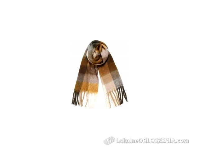 Szal szalik damski duży kratka ciepły miły puszysty zimowy jesienny brązowy