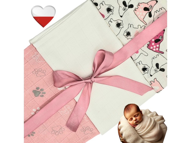 Zestaw Pieluszek tetrowych (biała, różowe pieski, różowe łapki) dla dziewczynki