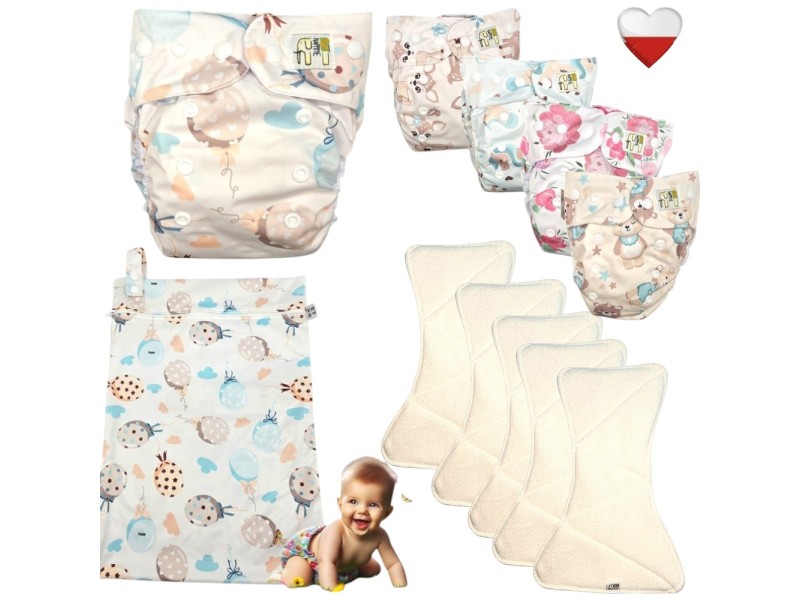 Zestaw Pieluszek Wielorazowych Bambus AIO 5 szt z WORKIEM  BALONY MIĘTOWE