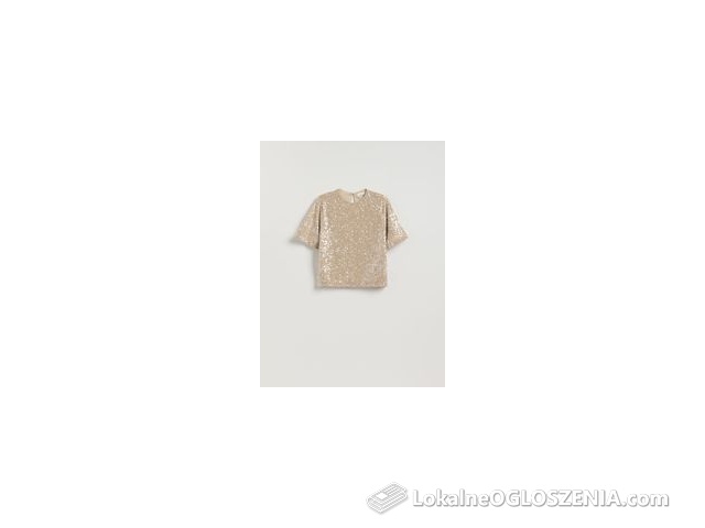 Reserved - Cekinowy t-shirt boxy - kremowy