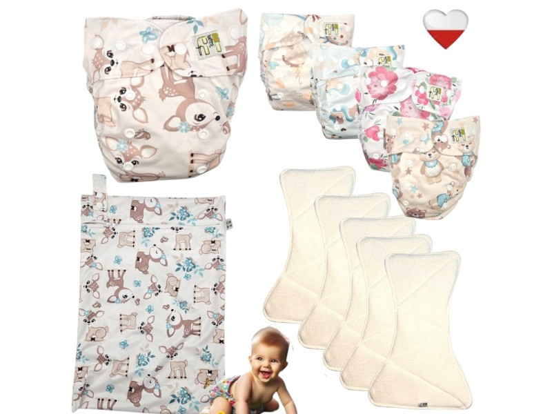 Zestaw Pieluszek Wielorazowych Bambus AIO 5 szt z WORKIEM  SARENKI