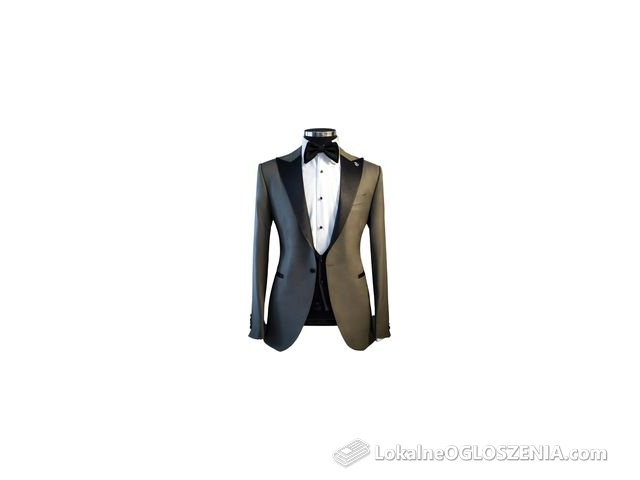 Szary smoking męski GRIGIO z atłasowymi klapami w szpic szyty na miarę