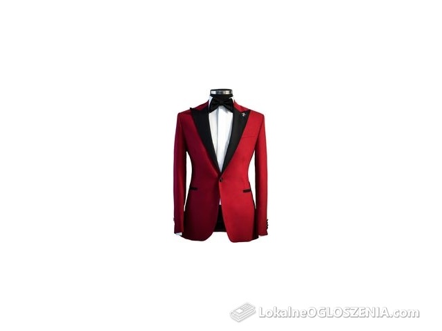 Czerwony smoking męski ROSSO z atłasowymi klapami w szpic szyty na miarę
