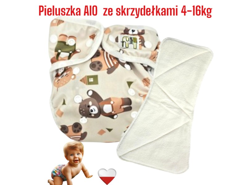 Pieluszka Wielorazowa AIO Kieszonka Coolmax ze Skrzydełkami MISIE ZIELONE NappiMe