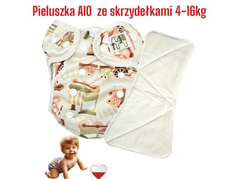 Pieluszka Wielorazowa AIO Kieszonka Coolmax ze Skrzydełkami POCIĄGI ZIELONE  NappiMe