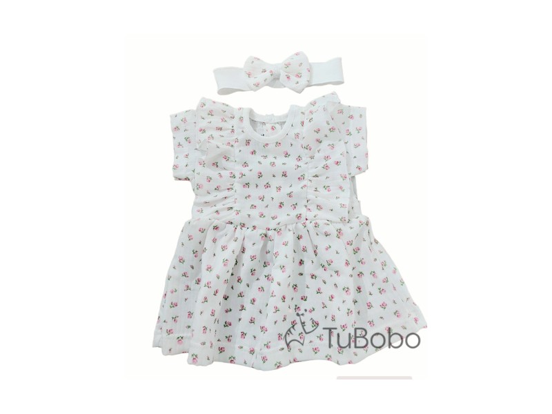 Muślinowa sukienka w różowe kwiatuszki+opaska