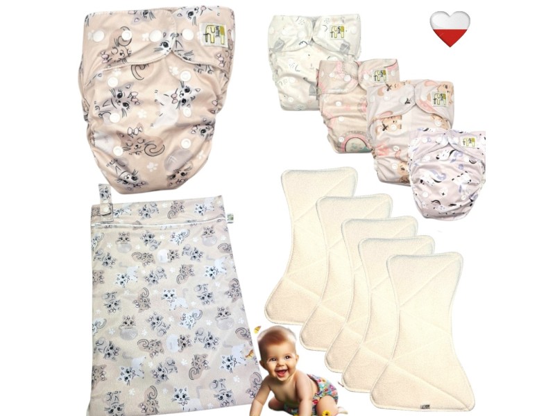 Zestaw Pieluszek Wielorazowych mikropolar AIO 5 szt z WORKIEM  KOTKI